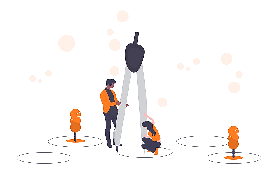 Illustration of two people using a giant compass with orange markers on a white background