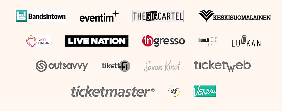 Logos of various event ticketing and management companies including Bandsintown, Live Nation, and Ticketmaster.