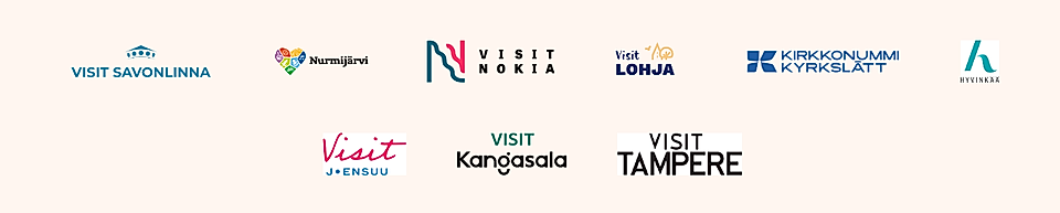 Logos of various Finnish tourist destinations including Savonlinna, Nokia, Lohja, Kangasala, and Tampere.