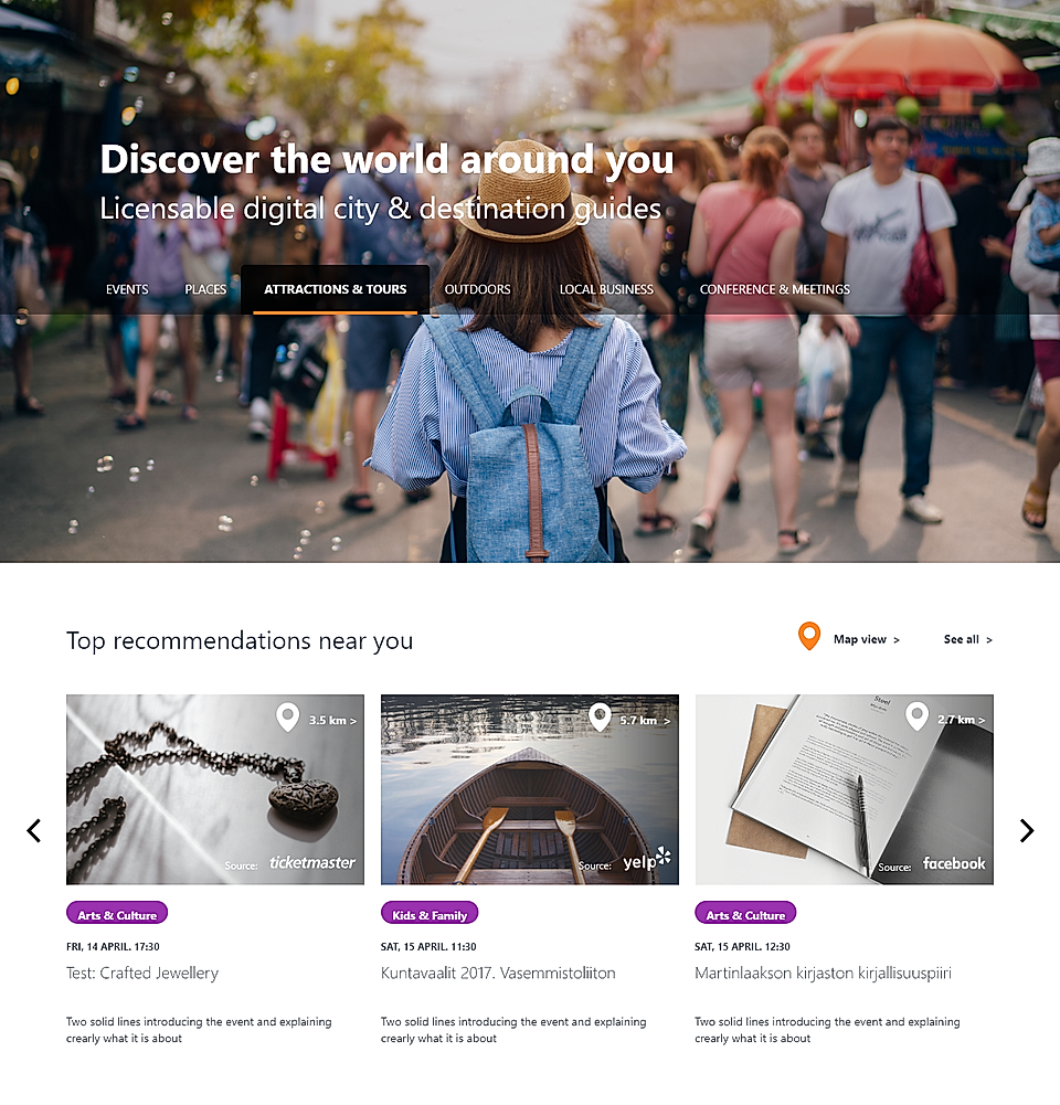 A busy market street with people walking, showcasing digital city guides, events, and local activities on a website.