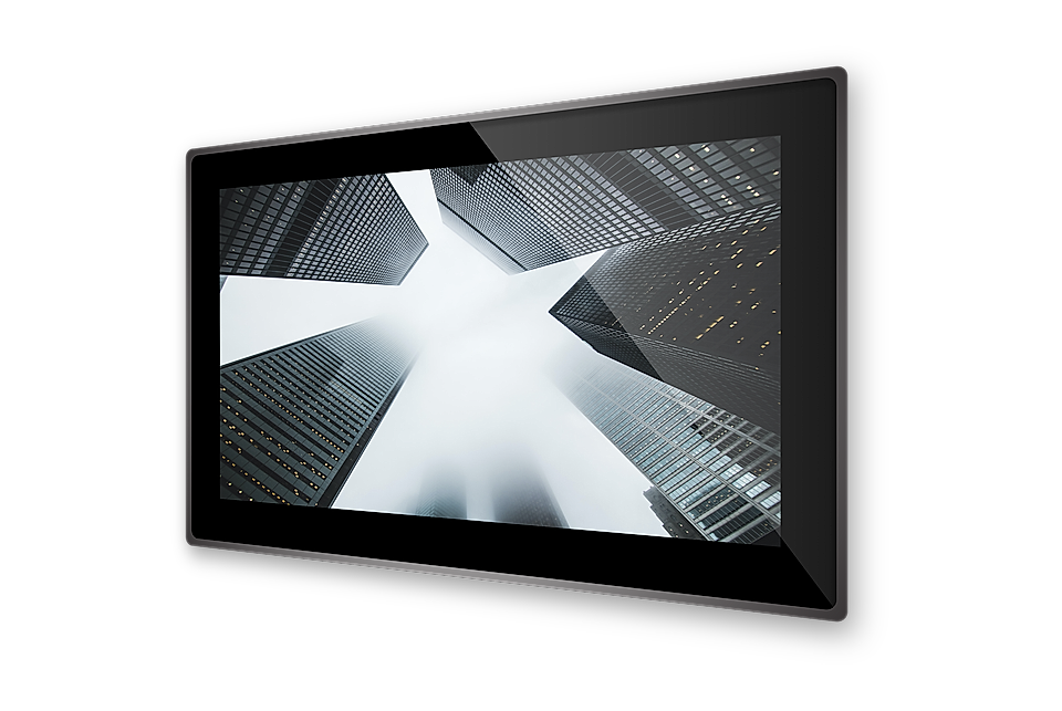 A digital screen displaying an upward view of modern skyscrapers against a cloudy sky.