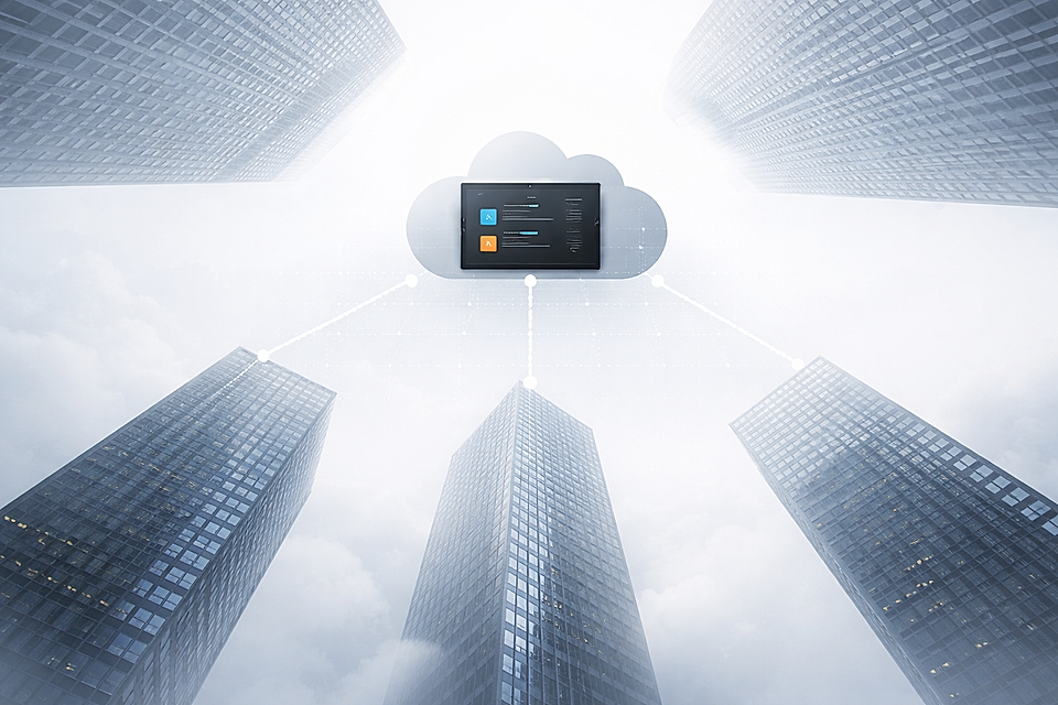 A digital cloud above skyscrapers, with data connections illustrated from the cloud to the buildings, representing cloud technology.