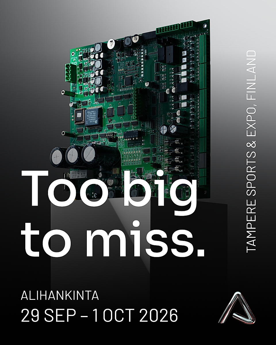 Promotional poster with a circuit board, bold text, and event dates on a dark background.