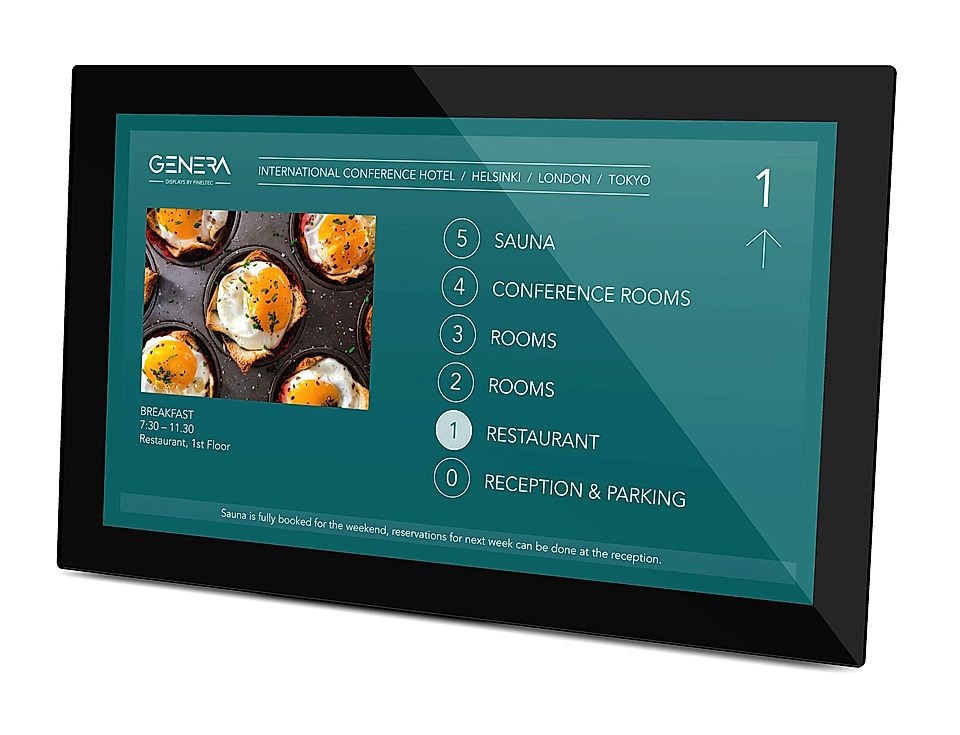 Digital display panel for a conference hotel showing breakfast hours, locations, and amenities with navigation options.