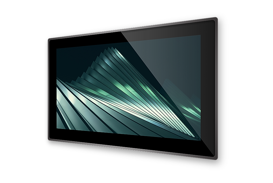 A sleek digital display monitor showcasing a modern geometric design with sharp lines and a dark background.