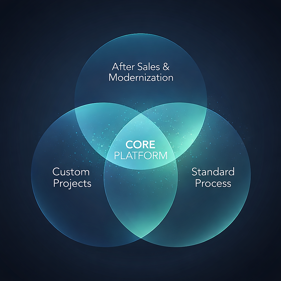 Venn diagram illustrating a core platform intersecting after sales, custom projects, and standard processes.