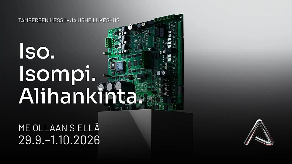 Promotional poster with a green circuit board and Finnish text on a dark background.