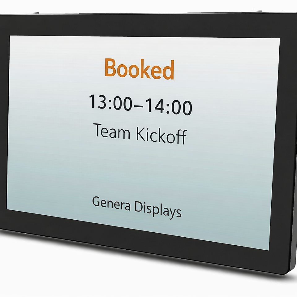 Digital display showing a meeting schedule: 'Booked', '13:00–14:00', 'Team Kickoff', by Genera Displays.