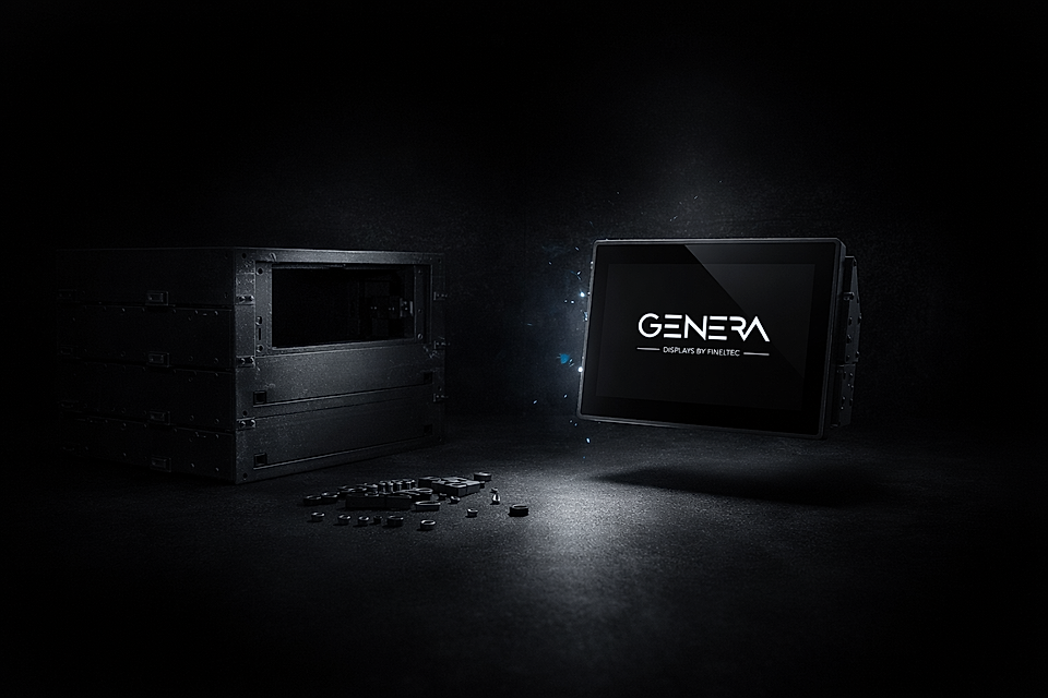 A dark background features a floating display screen with 'GENERA' logo beside a stacked black storage case and scattered objects.