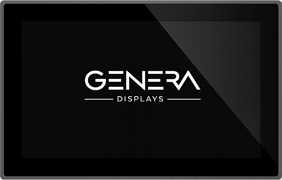 A sleek black tablet screen displaying the logo of GENERA DISPLAYS in white text.