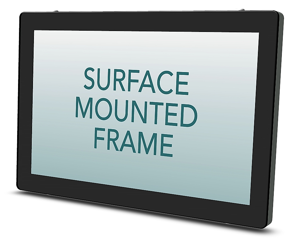 A surface-mounted frame displaying the text 'SURFACE MOUNTED FRAME' on a light background. Ideal for business displays.