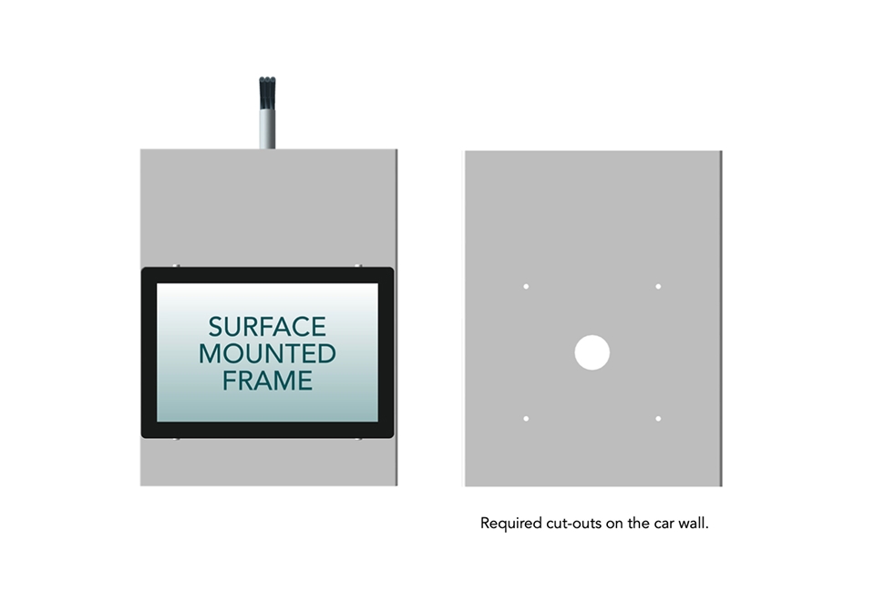 Diagram of a surface mounted frame with required cut-outs for installation on a car wall.