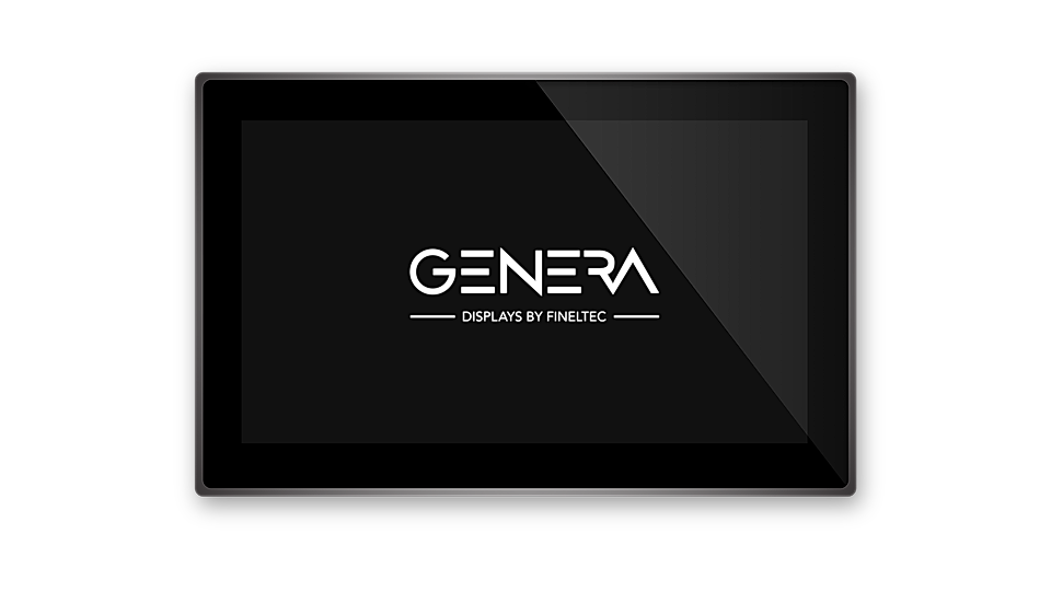 A digital display screen featuring the logo 'GENERA' and the text 'Displays by Fineltec' on a black background.