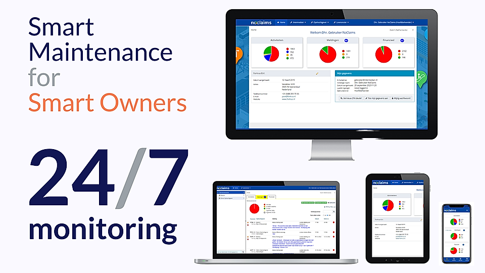 Image showcasing a digital platform for smart maintenance, featuring user dashboards on multiple devices for 24/7 monitoring.