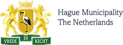 Coat of arms of The Hague Municipality featuring two lions and a stork, with text 'Hague Municipality The Netherlands'.