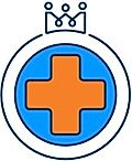 Logo featuring a blue circular shape with an orange cross and a crown on top.