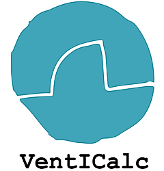 Logo of VentICalc featuring a turquoise circular design with a white line, accompanied by the text 'VentICalc' in black.
