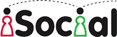 Logo featuring the word 'iSocial' with two stylized icons, one in red and one in green, representing communication.
