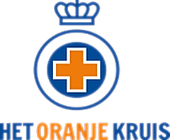 Logo of Het Oranje Kruis featuring a blue circle and orange cross, topped with a crown, used in Dutch emergency services.