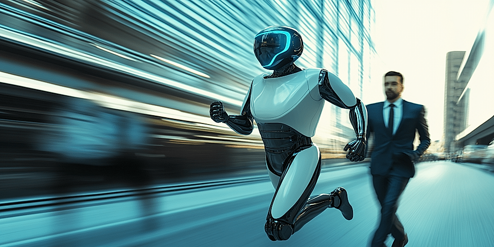 A humanoid robot running alongside a man in a suit in a cityscape, depicted with motion blur for dynamic effect.