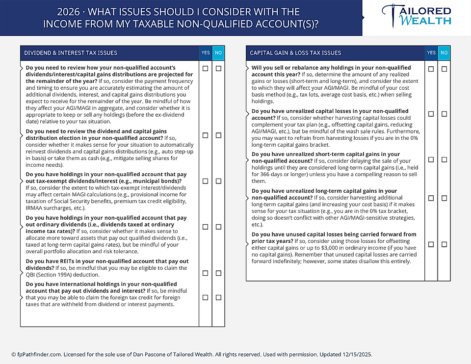 Tax-planning checklist chart with dividend, interest, capital gains, and loss questions for non-qualified accounts
