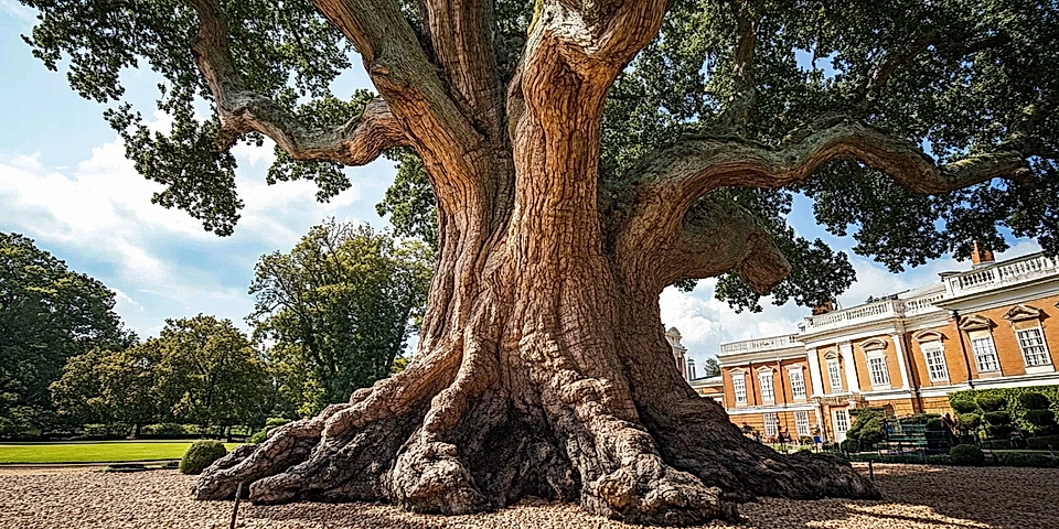 Large, gnarled tree with a wide trunk and leafy branches, set against a historic building and landscaped gardens.