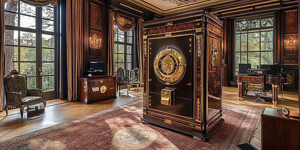 Luxurious office interior featuring a large ornate safe, elegant furniture, and large windows with a scenic view.