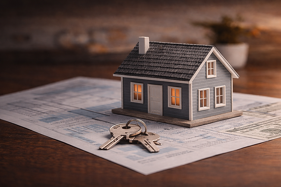 A model house on paperwork with keys beside it, representing real estate transactions and home ownership.