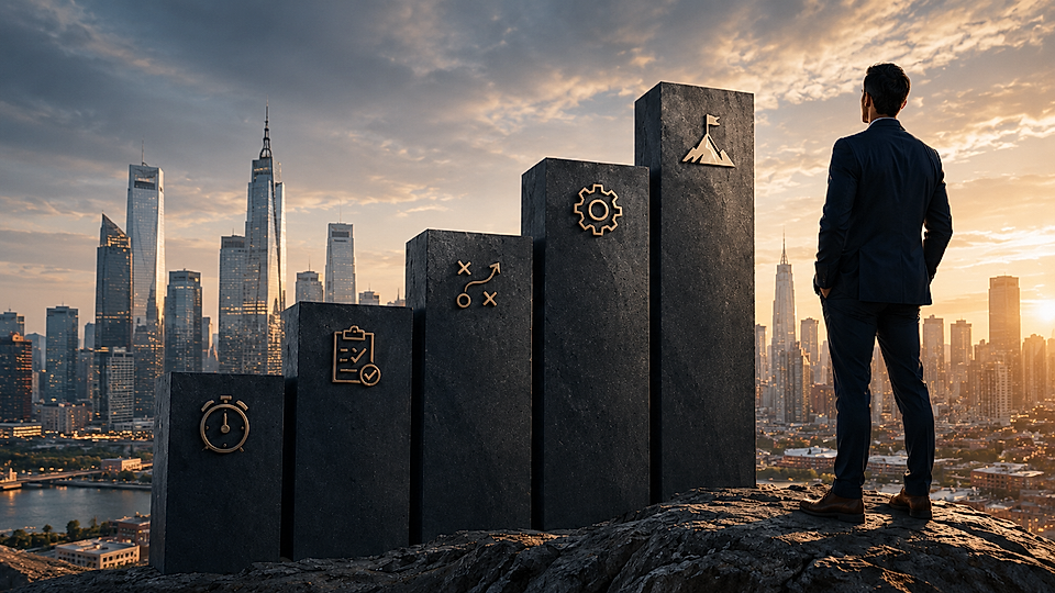Businessman overlooking city skyline beside five rising bar chart pillars with strategy icons at sunset.