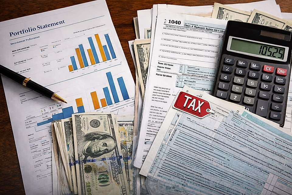 A portfolio statement, tax forms, a calculator displaying 10.52, cash, and a red 'TAX' tag on a wooden surface.