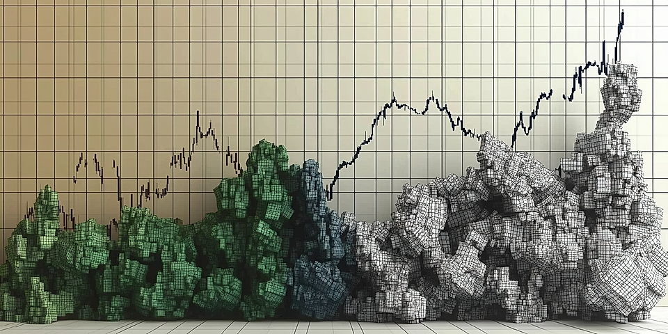 3D abstract graph with green and blue structures, overlaid by a rising line chart on a grid background.