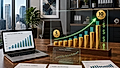Financial dashboard scene with laptop charts, rising coin stacks, and portfolio growth graphics.