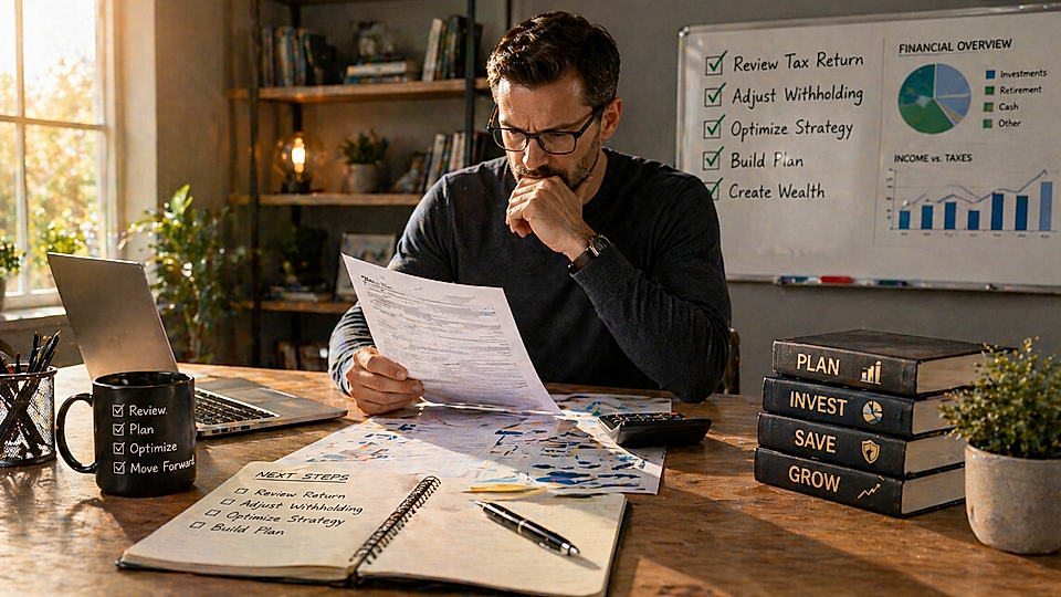 A person studies tax documents at a desk with a laptop, coffee mug, planner, and financial charts on the wall.