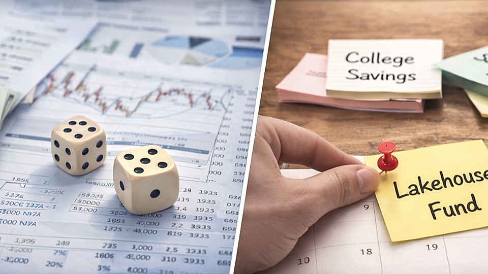 A split image showing dice on financial documents and sticky notes labeled 'Lakehouse Fund' and 'College Savings'.