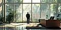 A businessman stands in an office, facing a large window with trees and sunlight filtering in, with a desk nearby.