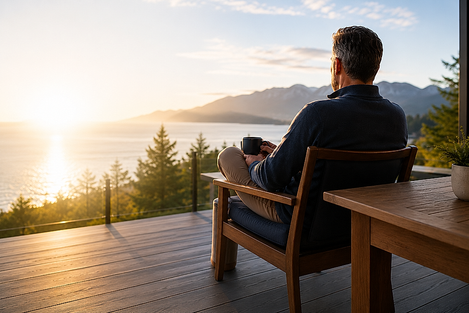 Man sitting on a deck chair overlooking a sunlit ocean and mountain view at sunset, holding a mug.