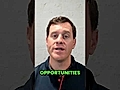 A man in a black polo shirt speaking directly to the camera, with the word 'OPPORTUNITIES' prominently displayed.