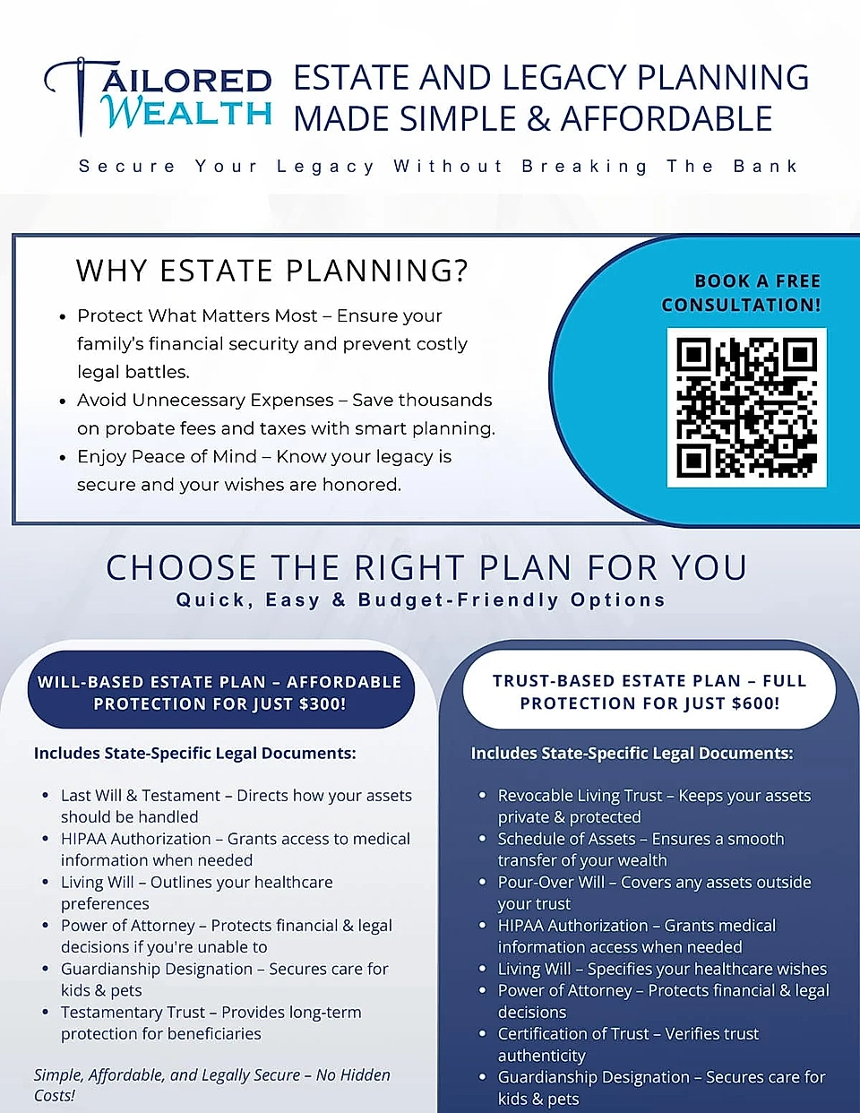 Infographic promoting estate and legacy planning services, outlining benefits and plan options with pricing.