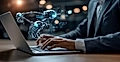 A business professional typing on a laptop with holographic robotic elements and data visuals displayed above.