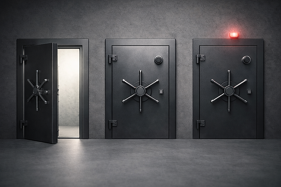 Image of three bank vault doors; one is open revealing a lit interior, and two are closed with a red light on one.