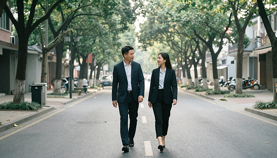 A man and woman in business suits walk together on a tree-lined street, smiling and engaged in conversation.