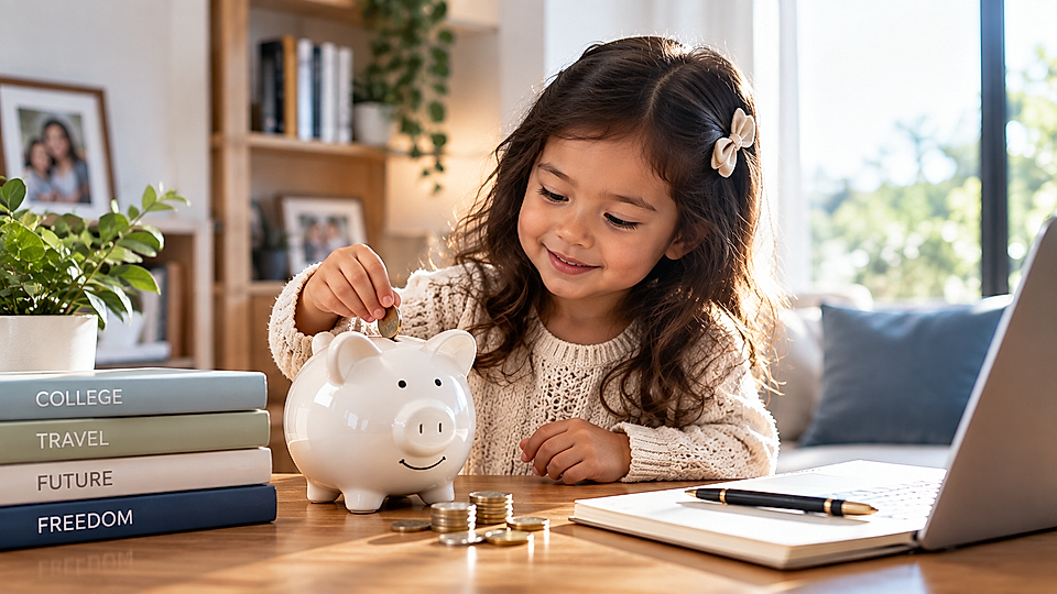 Young girl putting a coin into a piggy bank beside books and a laptop