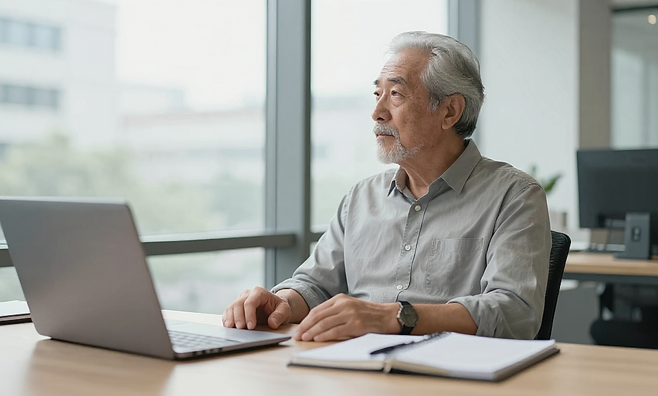 An older man with gray hair sits at a desk, focused on a laptop, with a notebook and pen nearby in a modern office.