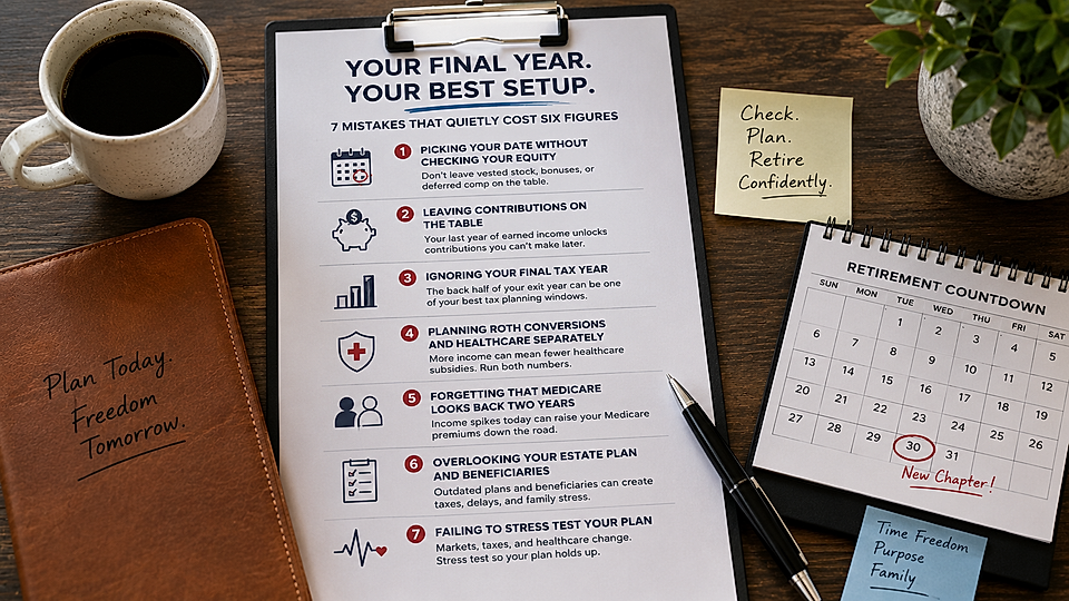 Desktop workspace with retirement planning notes, checklist, and calendar