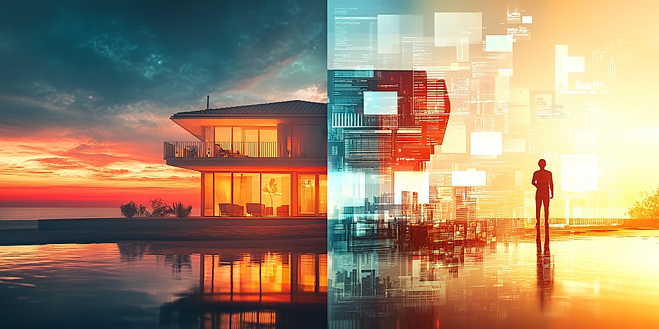 A split image showcasing a modern house at sunset and a digital landscape with floating data graphics and a silhouette.