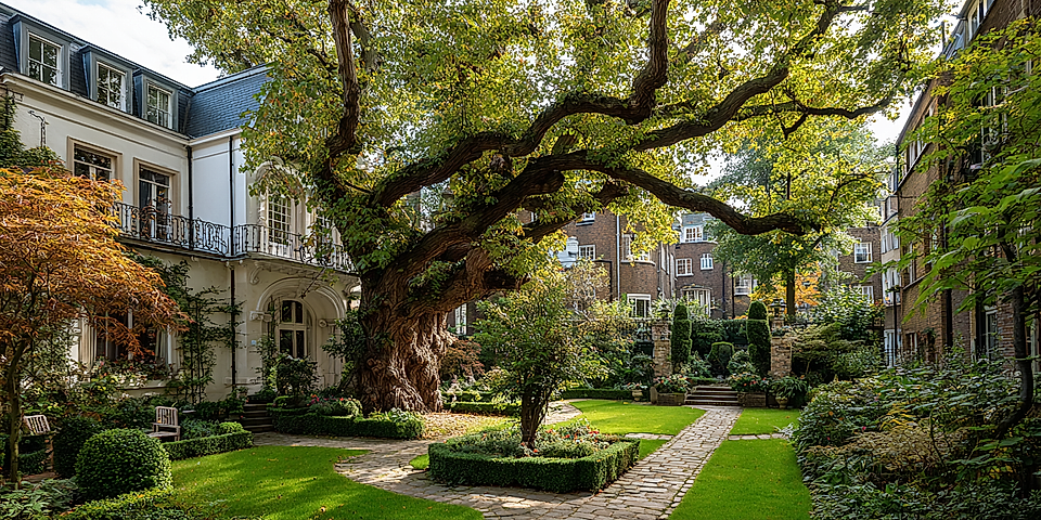 Lush garden with large trees, manicured shrubs, a stone path, and a white building in the background, under clear sky.