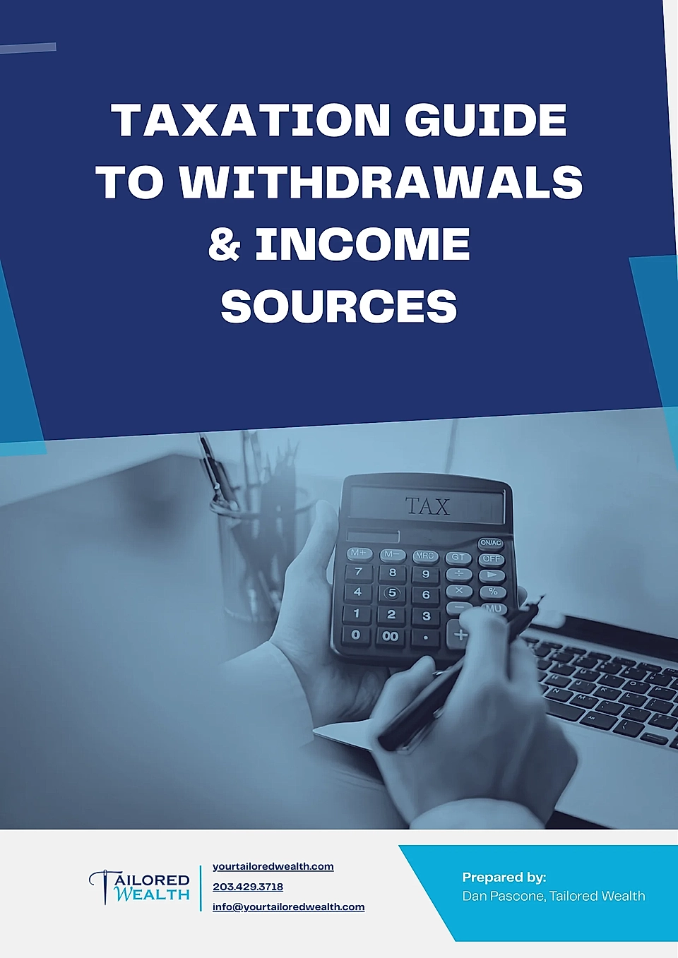 Cover page of a taxation guide featuring a calculator labeled 'TAX' and text related to withdrawals and income sources.