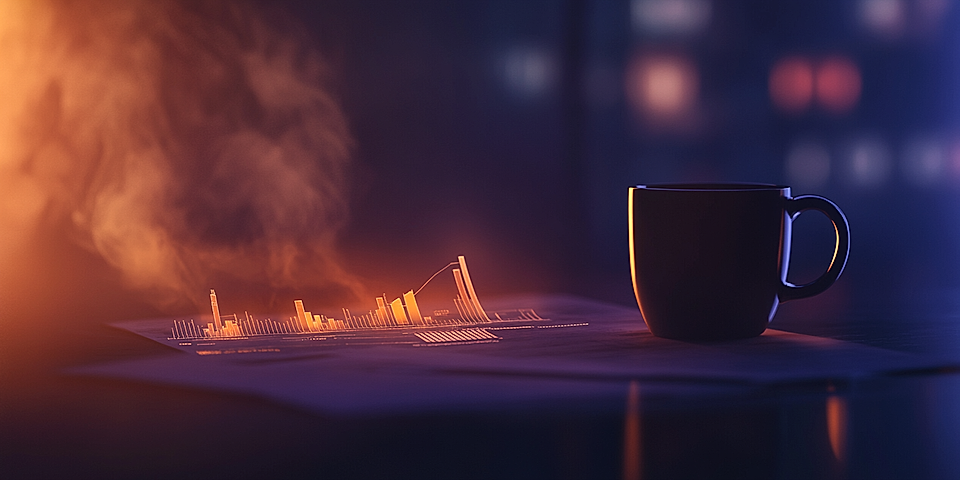 A coffee cup sits beside a digital skyline graph on papers, with colorful lighting and smoke in the background.