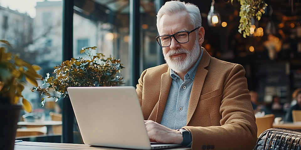 A senior man with a beard and glasses using a laptop in a cafe, surrounded by plants and natural light.