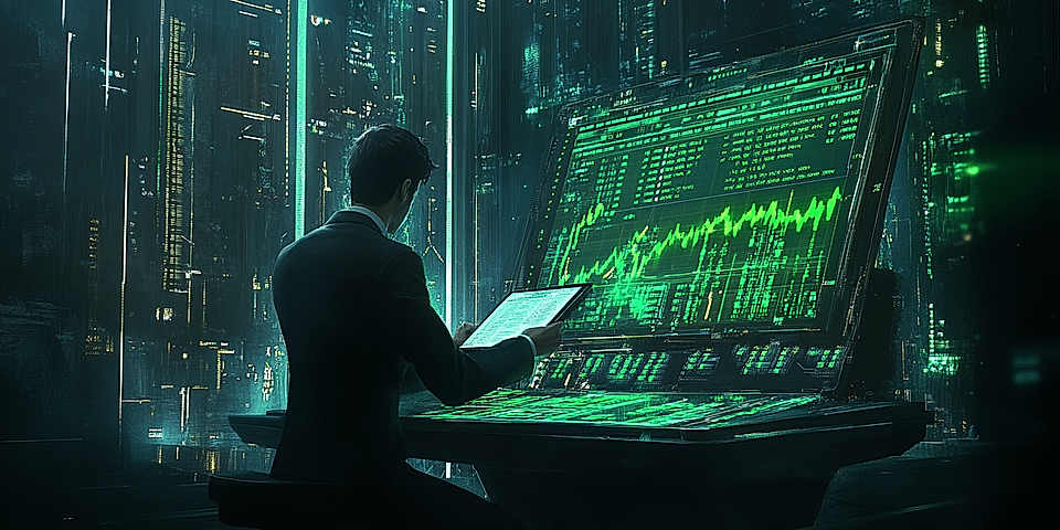 A person in a suit sits at a futuristic workstation with green digital displays and city skyline reflections.